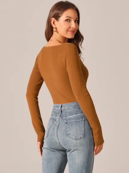 Allegra K - Square Neck Long Sleeve Knit Bodysuit