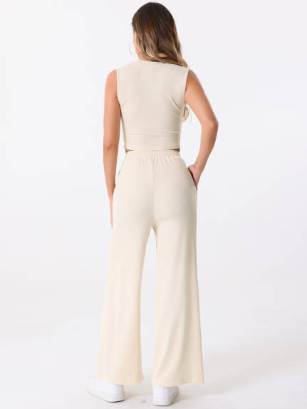 Allegra K - Crop Tank Top Wide Leg Pants Lounge Set