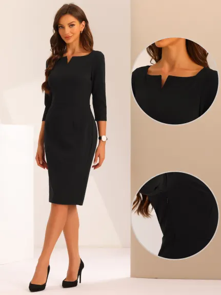 Allegra K - Notch Neck 3/4 Sleeve Business Midi Dress