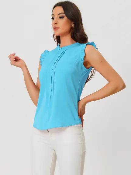 Allegra K- Blouse plissée sans manches à col mandarin à volants