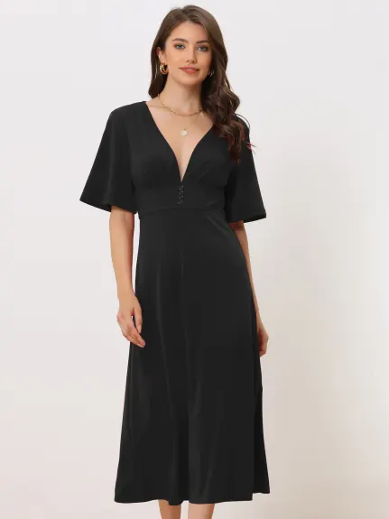 Allegra K- Short Sleeve A Line Swing Fit and Flared Cocktail Midi Dress