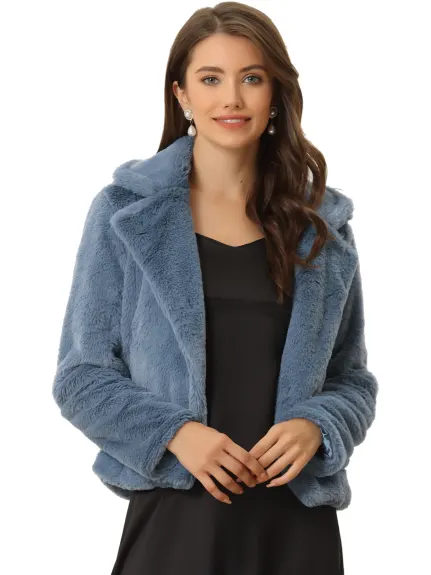 Allegra K- Notch Lapel Faux Fur Fluffy Cropped Coat