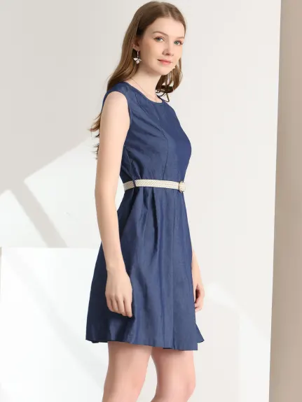 Allegra K- Belted Round Neck Flared Above Knee Chambray Denim Dress