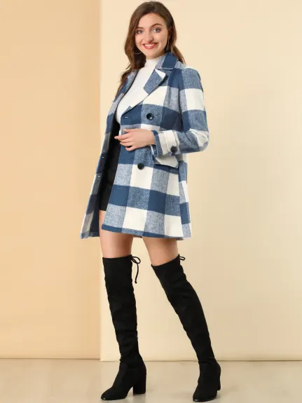 Allegra K- Notched Lapel Double Breasted Plaid Overcoat