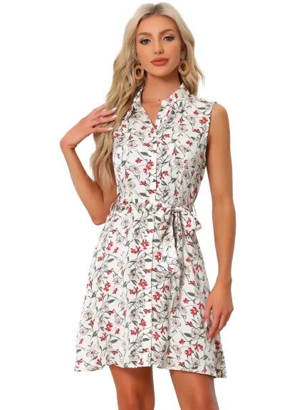 Allegra K - Sleeveless Turndown Collar Above Knee Button Down Floral Print Dress