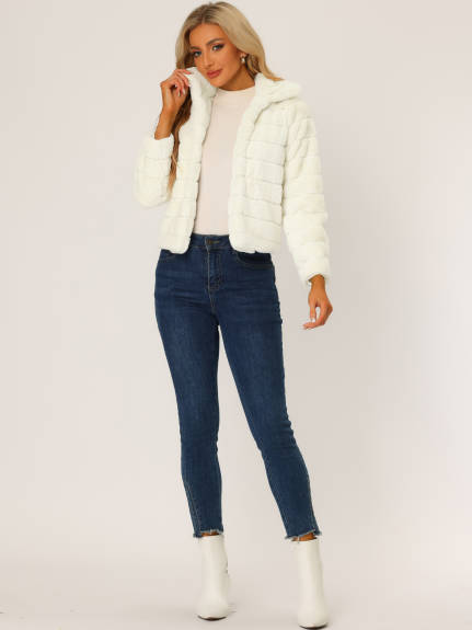 Allegra K- Faux Fur Fluffy Coat Collar Cropped Jacket