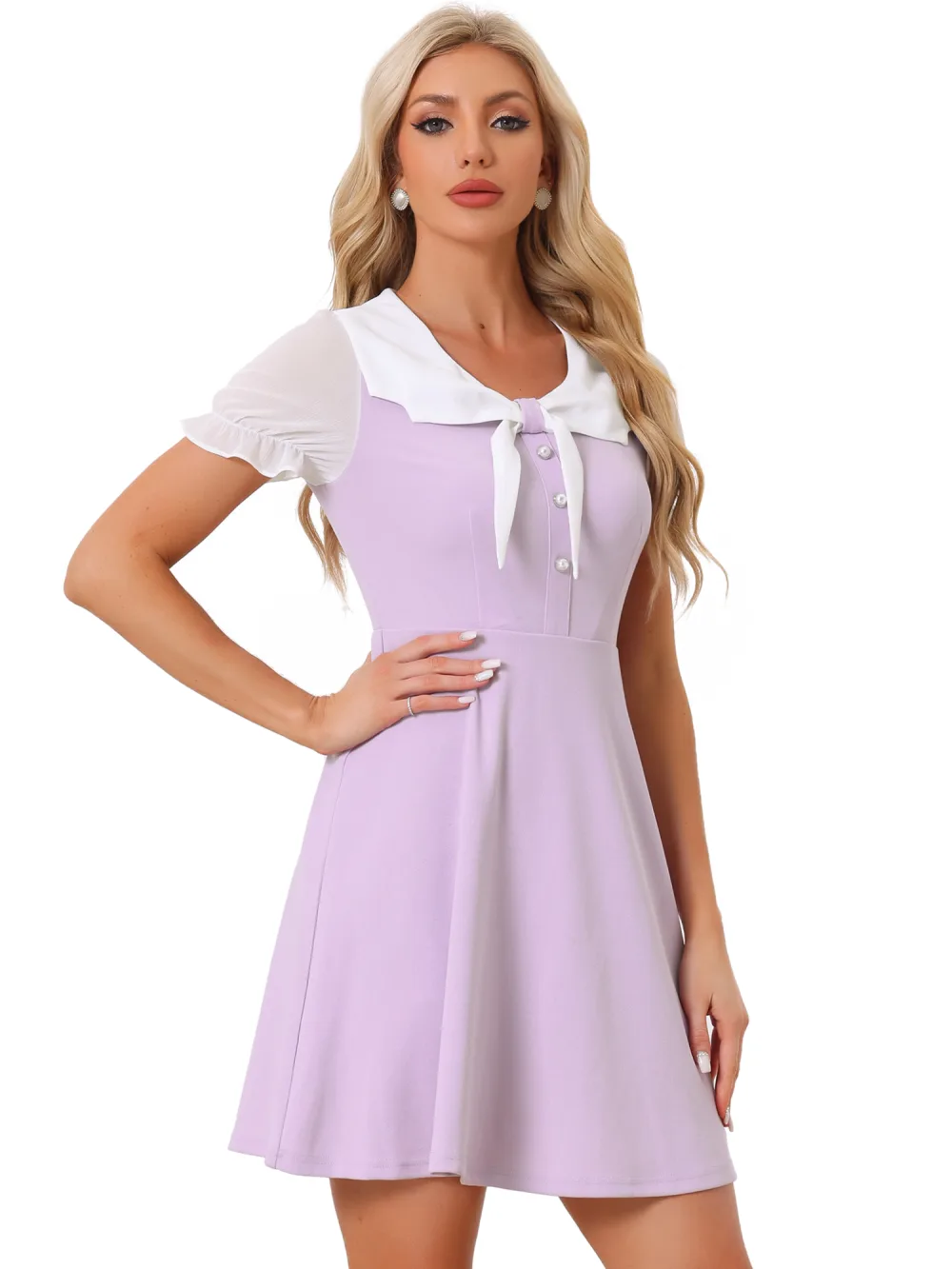 Allegra K- Contrast Color Doll Collar Short Sleeve Dress