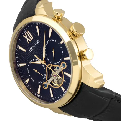 Heritor Automatic Arthur Semi-Skeleton Leather-Band Watch w/ Day/Date - Gold/Silver