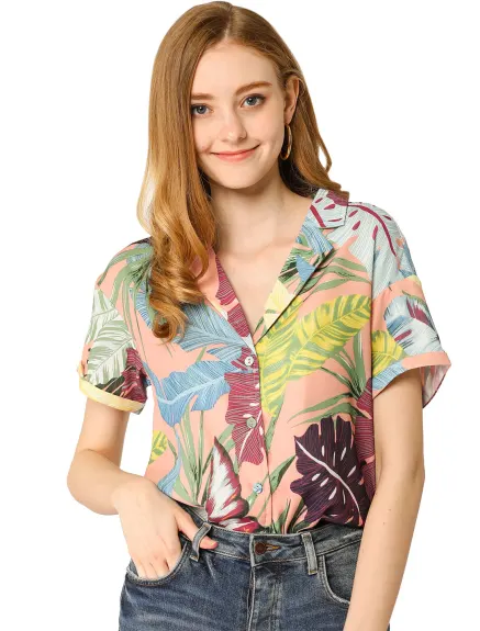 Allegra K- Beach Tropical Floral Leaves Button Down Shirt