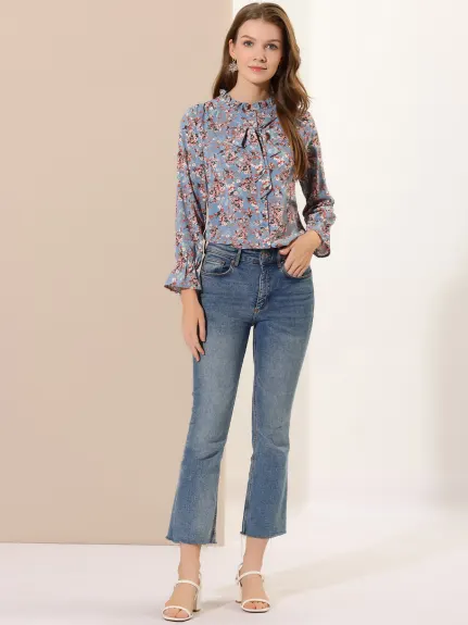 Allegra K- Floral Bow Tie Neck Ruffled Collar Blouse