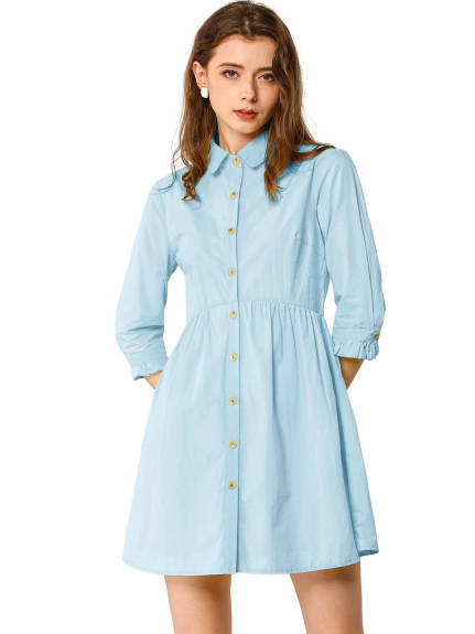 Allegra K- 3/4 Sleeve Button Up Flare Shirt Dress