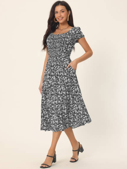 Allegra K - Casual Short Sleeve Flowy Midi Floral Dress