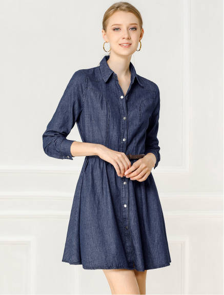 Allegra K- Long Sleeve Above Knee Denim Shirt Dress with Belt