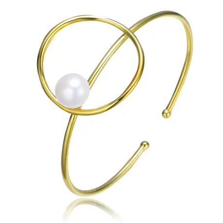 Genevive Sterling Silver with 14k Yellow Gold Plating and Genuine Freshwater Pearl Cuff Bracelet