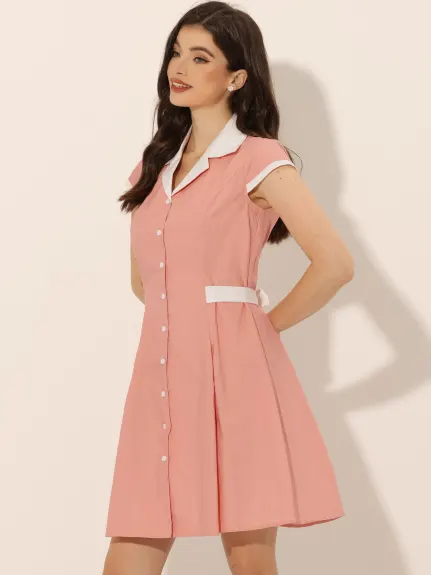 Allegra K- Button Down Flat Collar Belted Mini Shirt Dress