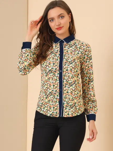 Allegra K- Floral Button up Contrast Color Shirt