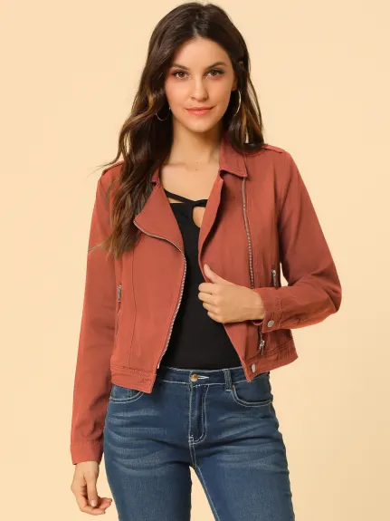 Allegra K- Veste en jean moto asymétrique à revers cranté et fermeture éclair