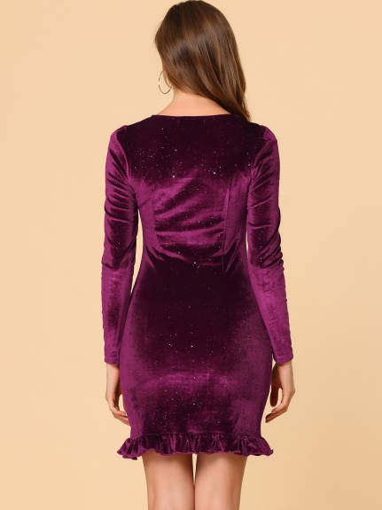 Allegra K- V Neck Velvet Sparkle Ruffle Hem Long Sleeve Mini Dress