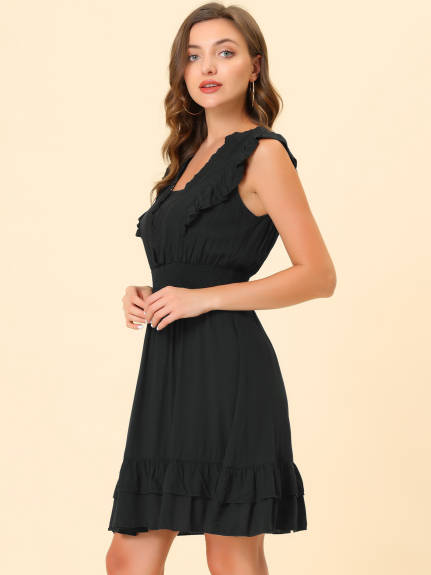 Allegra K- Sleeveless V Neck Lace Trim Ruffled Dress