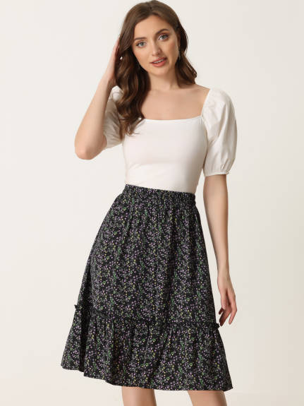 Allegra K- Ruffle Hem Tiered A-Line Floral Midi Skirt