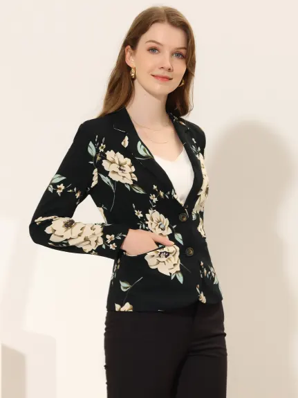 Allegra K- Blazer fleuri à revers cranté et fermeture à bouton