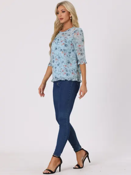 Allegra K- Blouse florale en mousseline à manches 3/4 et à volants