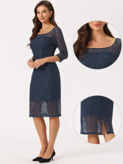 Allegra K- Lace 3/4 Sleeve Square Neck Midi Straight Tired Dress