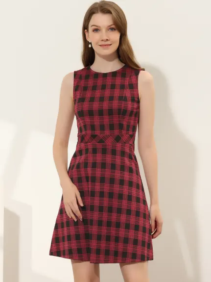 Allegra K- Sleeveless Plaid Houndstooth Flare Dress