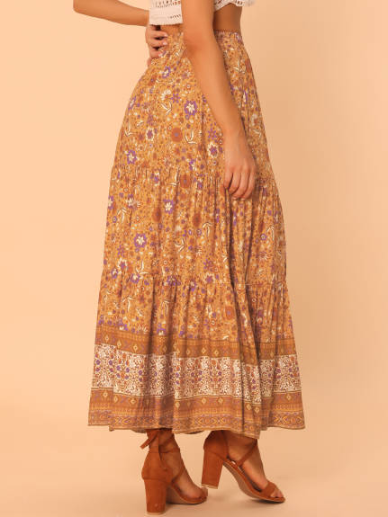 Allegra K- Boho Floral Elastic Waist Maxi Skirt