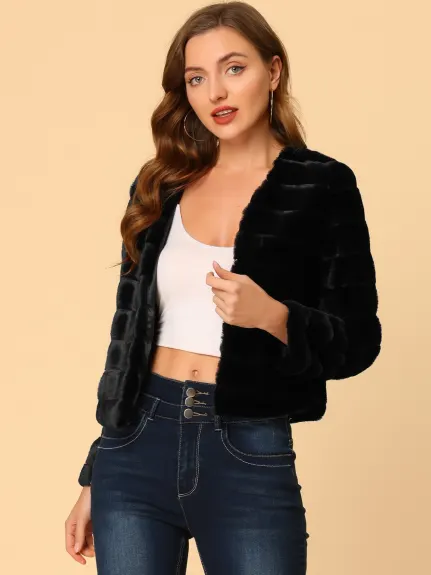 Allegra K- Cropped Collarless Faux Fur Fluffy Coat Jacket