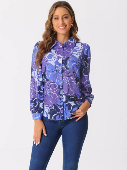 Allegra K - Floral Print Long Puff Sleeve Shirt