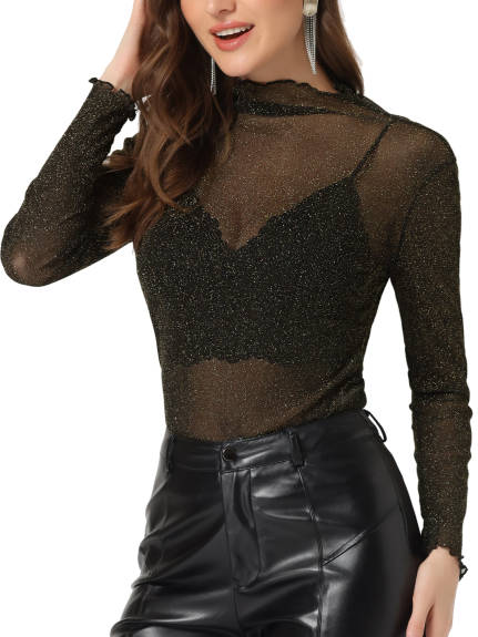 Allegra K- Glitter Mesh Sheer Mock Neck Top