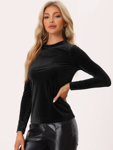 Allegra K- Mock Neck Long Sleeve Ribbed Knit Velvet Blouse