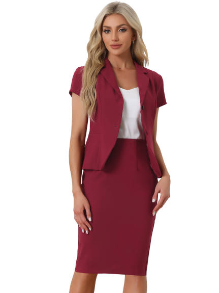 Allegra K- 2 Piece Suit Set Short Sleeve Blazer Jacket Pencil Skirt