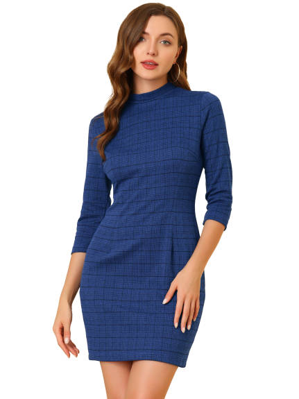 Allegra K- Stand Collar 3/4 Sleeve Plaid Dress