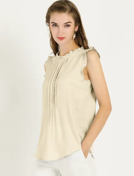 Allegra K- Ruffled Mandarin Collar Sleeveless Pleated Blouse