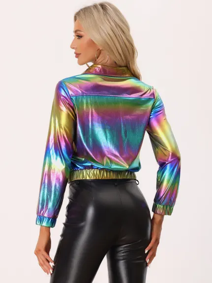 Allegra K- Holographic Lightweight Zipper Jacket