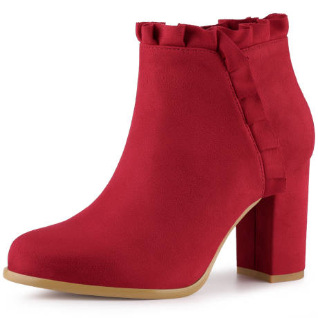 Allegra K - Round Toe Ruffle Trim Ankle Boots