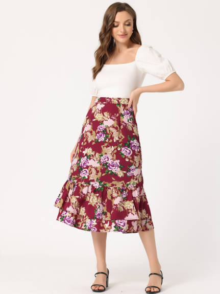 Allegra K- Printed Chiffon Ruffle Tiered Zipper Midi Skirt