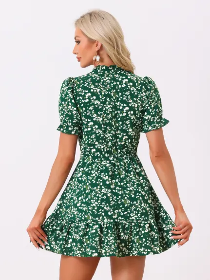 Allegra K- Ruffle Chiffon Tie Neck Puff Short Sleeve Floral Smock Dress