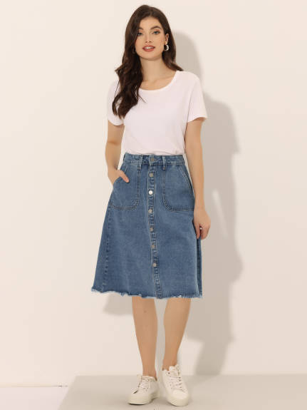 Allegra K- Raw Hem Button Down Denim Skirt