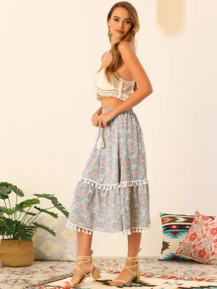 Allegra K- Elastic Waist Tiered Tassel Skirt