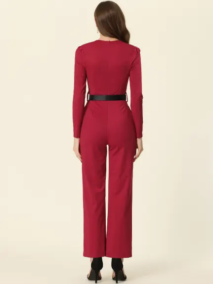 Allegra K - Square Neck Long Sleeve Straight Jumpsuit