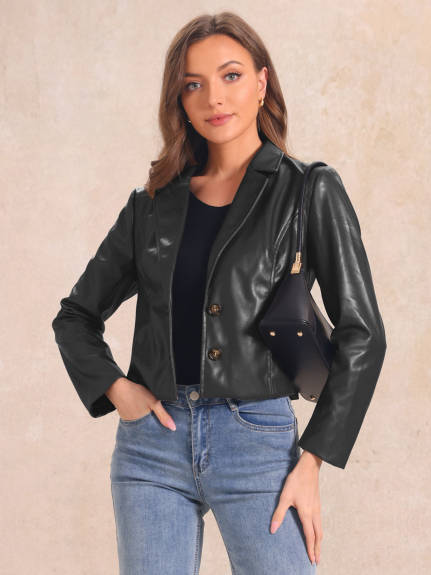 Allegra K - Faux Leather Motorcycle Cropped Jacket