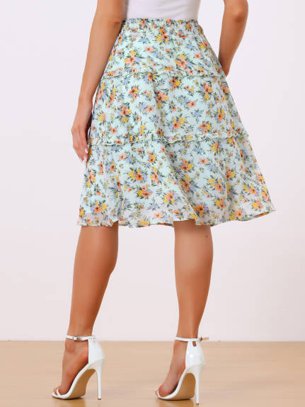 Allegra K- Floral Smocked Waist Ruffle Tiered Skirt