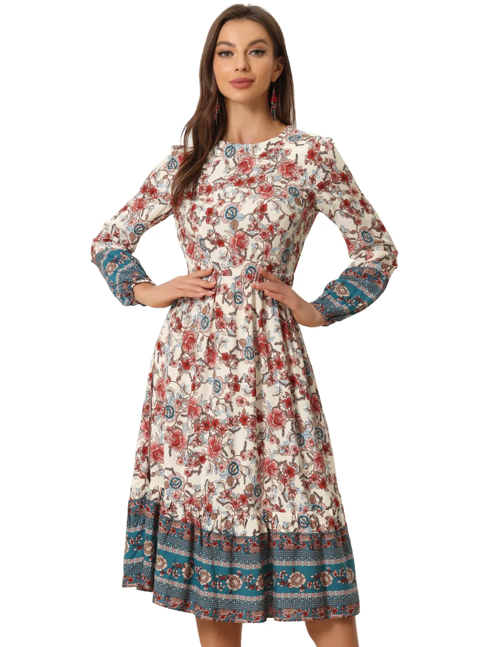 Allegra K- Boho Floral Elastic Waist Flowy Long Sleeve Midi Dress