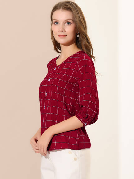 Allegra K- Half Sleeve Plaid Button Cuff V Neck Blouse