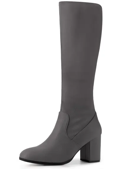 Allegra K- Round Toe Solid Chunky Heels Knee High Boots