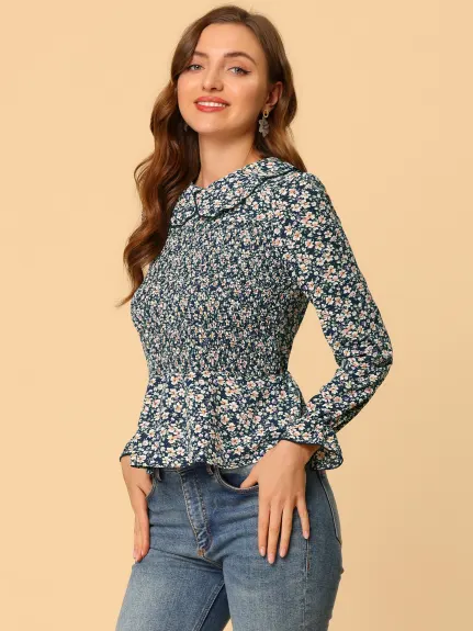 Allegra K - Peter Pan Collar Chiffon Floral Smocked Top