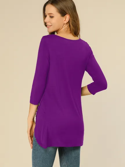 Allegra K- 3/4 Sleeve Tunic Asymmetry Button Top